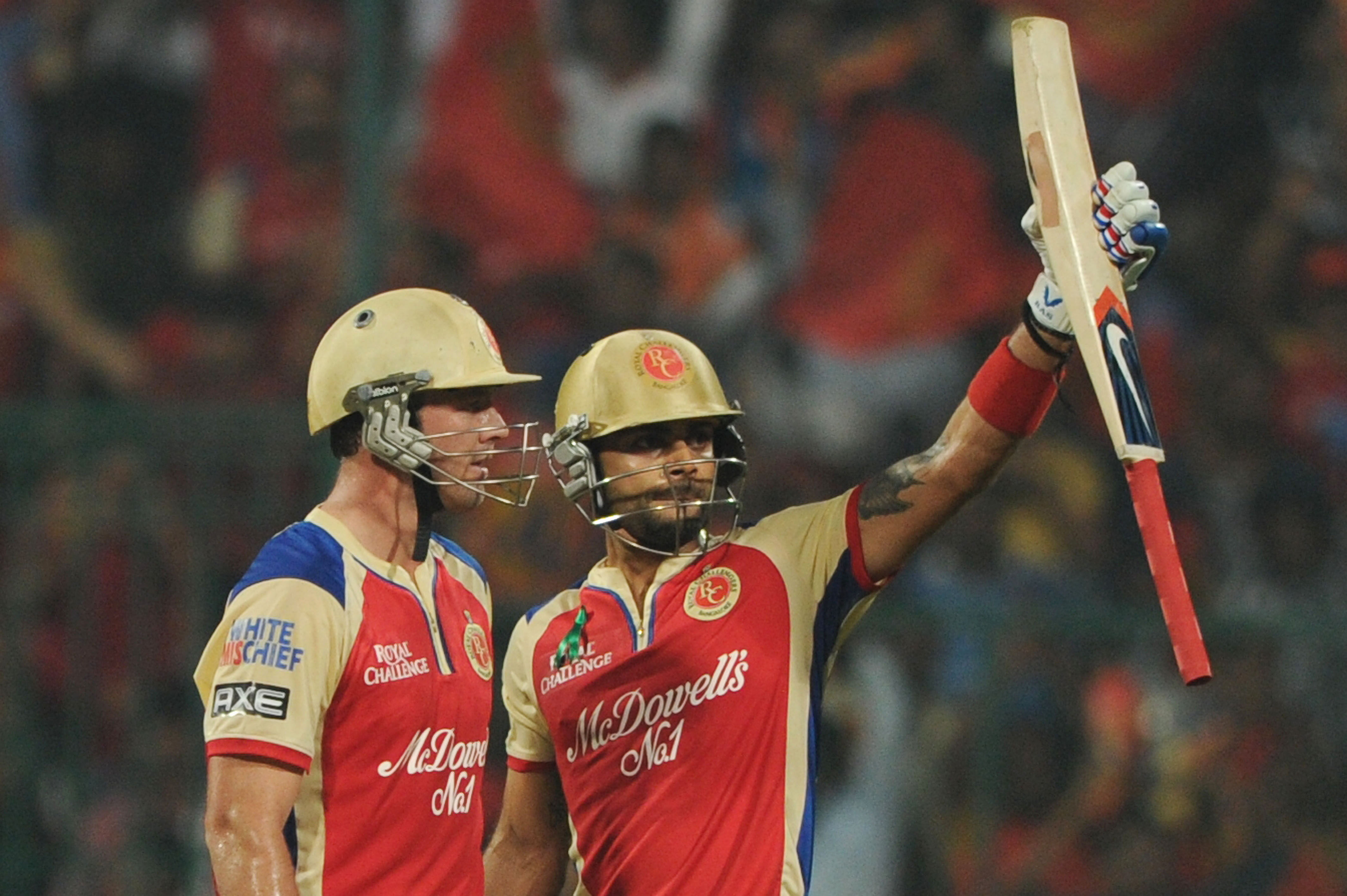 Virat Kohli and AB De Villiersof RCB in action during the IPL T 20 match between Delhi Daredevils v/s RCB at Chinnaswamy Stadium,